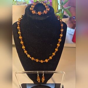 Fresh Water Brown Pearl Necklace Set with Earrings and Bracelet